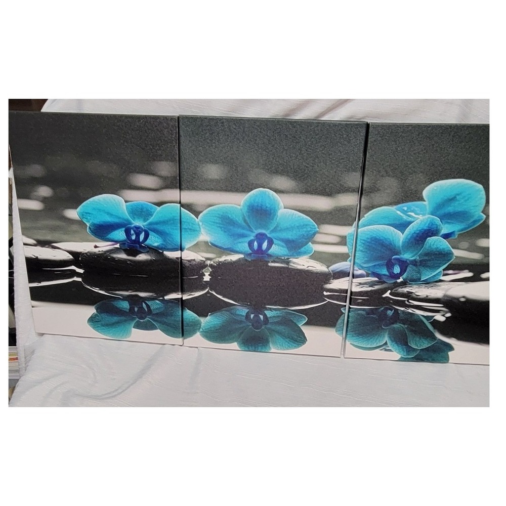 Blue Orchid Zen Stone Canvas Wall Art Set 3 Piece Triptych Decor 16x12 Each